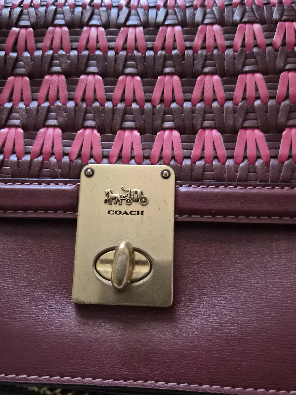 Coach Burgundy & Pink Woven Leather Crossbody Bag